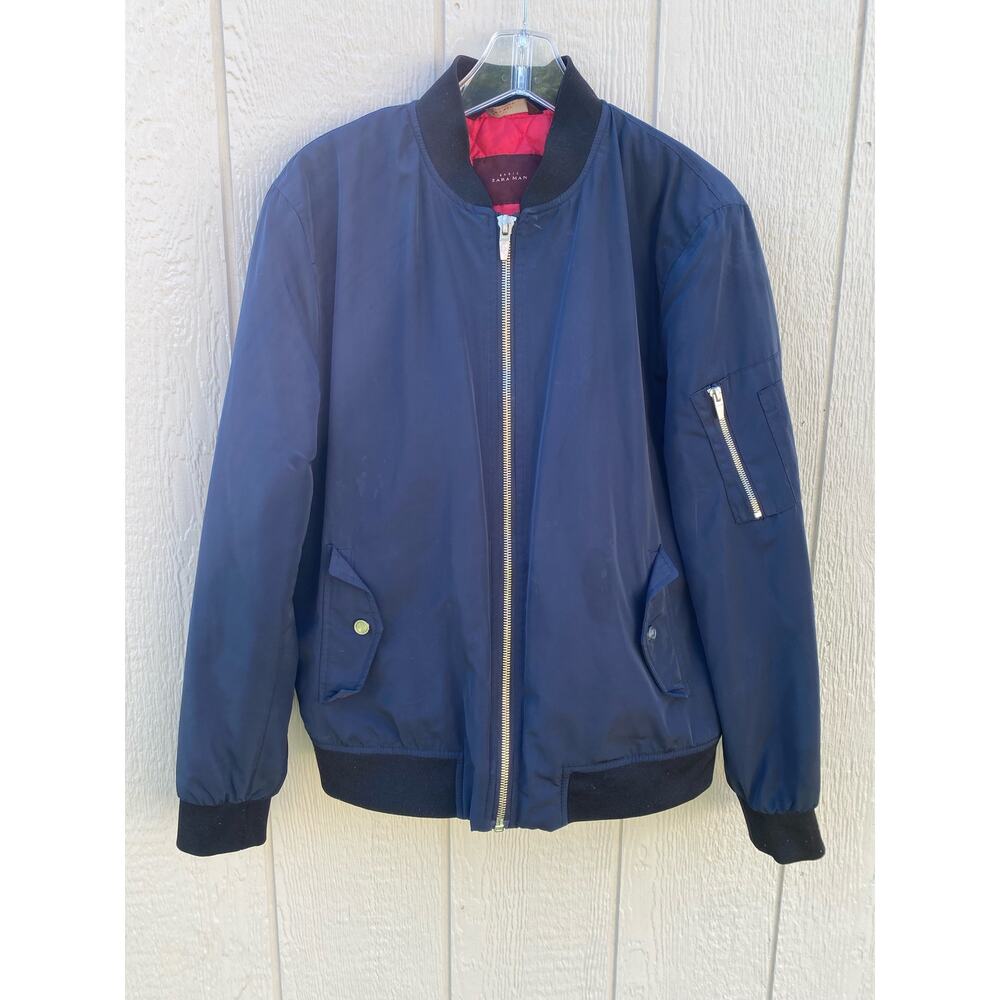 Zara Men's Bomber Jacket - Navy Blue Size Large